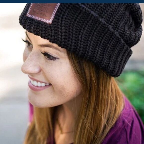 NWT Hello Mello Unisex Black Cuffed Beanie Adult with leather logo - Picture 2 of 6